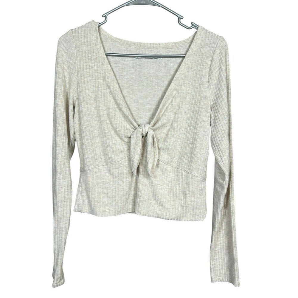Abercrombie & Fitch Beige CROP TOP V-neck sz Med, tie knot front,‎ long sleeve